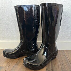 CROCS Women's Tall Rain Boot 202198 Size 8 Glossy Black Stretch Collar
